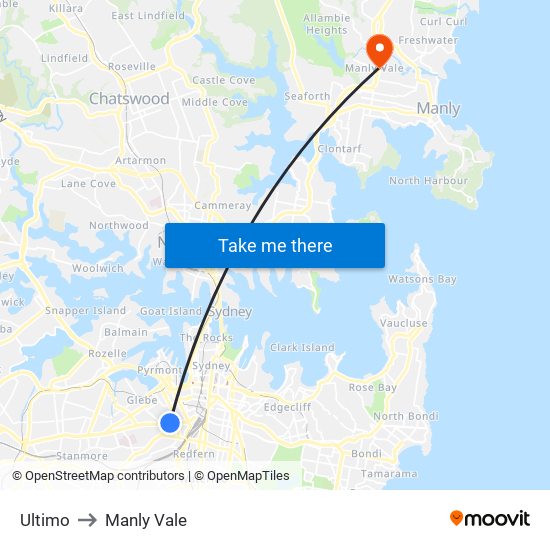 Ultimo to Manly Vale map