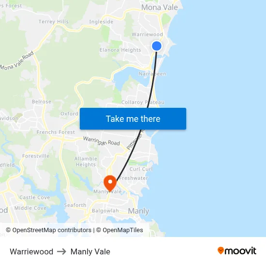 Warriewood to Manly Vale map