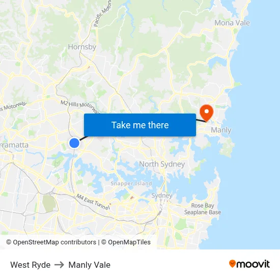 West Ryde to Manly Vale map
