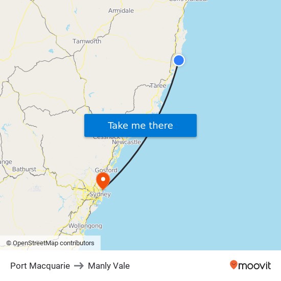 Port Macquarie to Manly Vale map