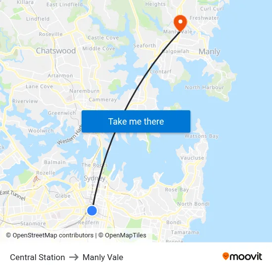 Central Station to Manly Vale map