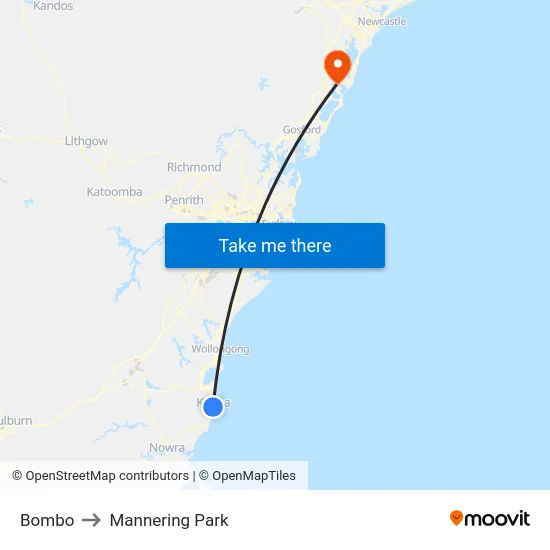 Bombo to Mannering Park map