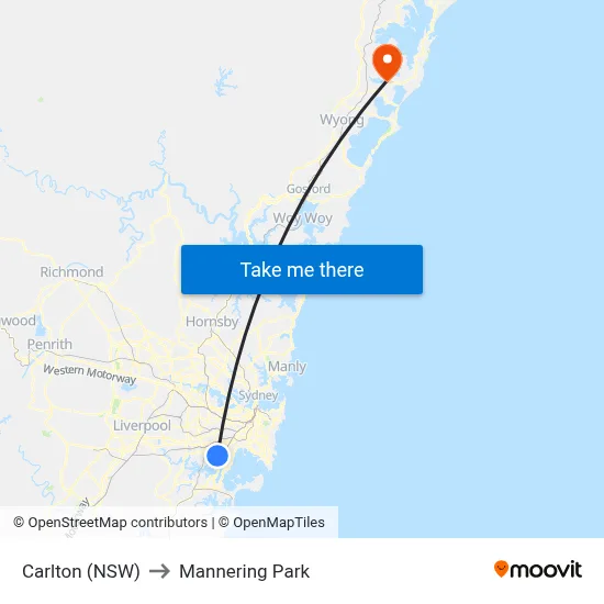 Carlton (NSW) to Mannering Park map
