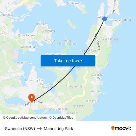 Swansea (NSW) to Mannering Park map