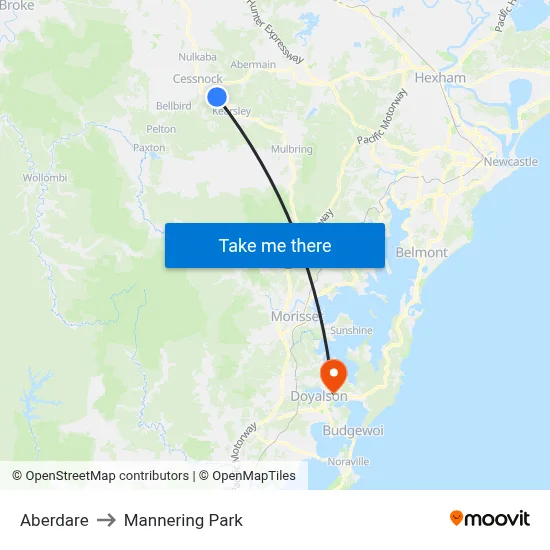 Aberdare to Mannering Park map