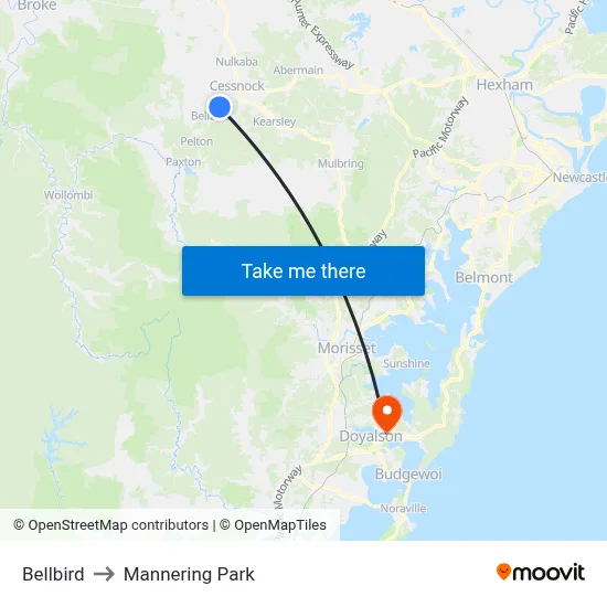 Bellbird to Mannering Park map
