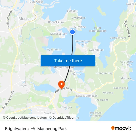 Brightwaters to Mannering Park map
