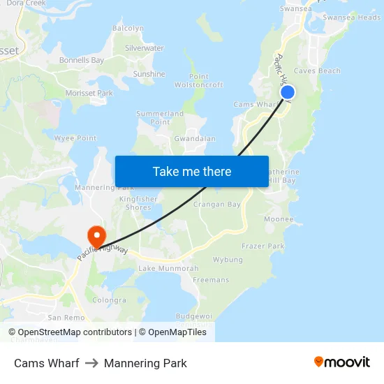 Cams Wharf to Mannering Park map
