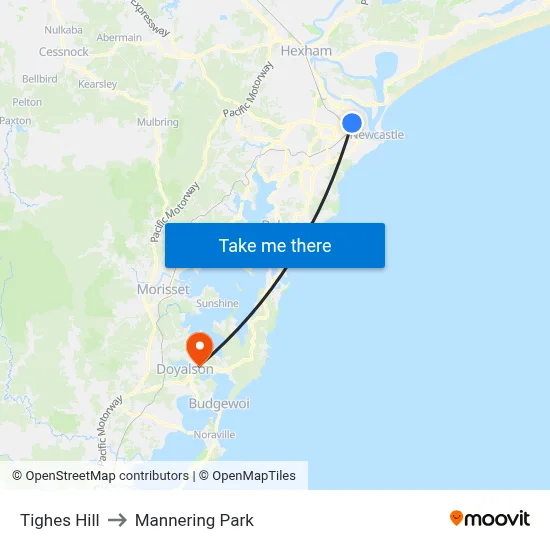 Tighes Hill to Mannering Park map