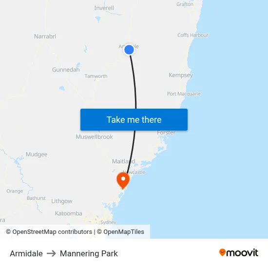 Armidale to Mannering Park map