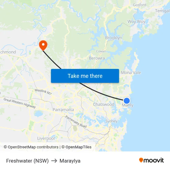 Freshwater (NSW) to Maraylya map