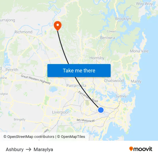 Ashbury to Maraylya map
