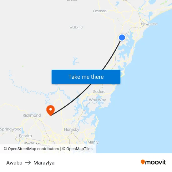 Awaba to Maraylya map