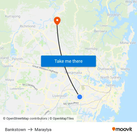 Bankstown to Maraylya map