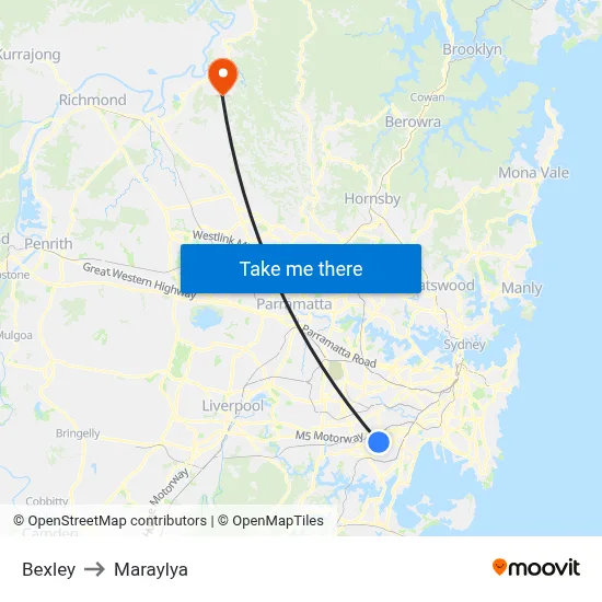 Bexley to Maraylya map