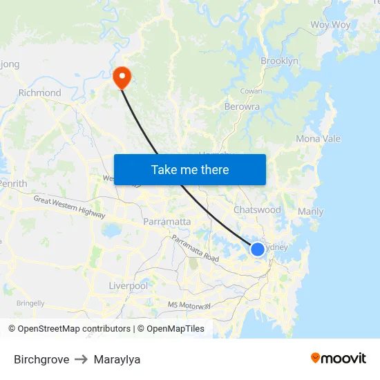Birchgrove to Maraylya map