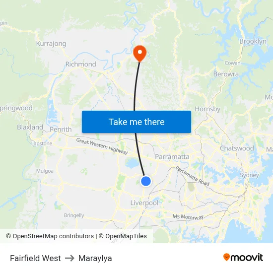 Fairfield West to Maraylya map