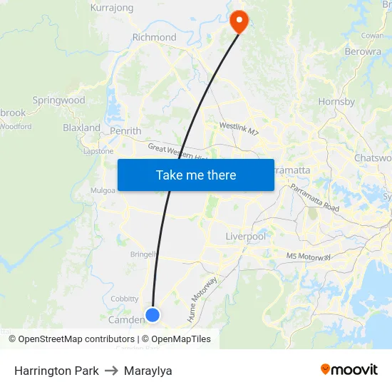 Harrington Park to Maraylya map