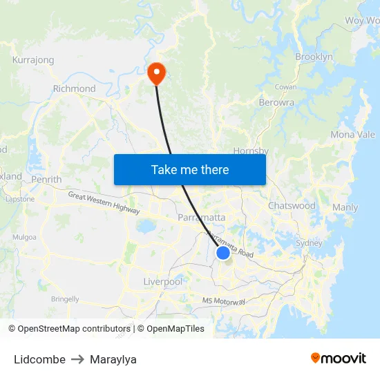 Lidcombe to Maraylya map