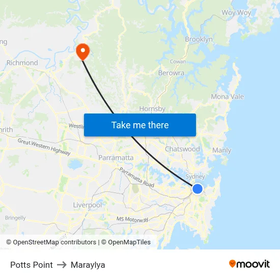 Potts Point to Maraylya map