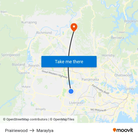 Prairiewood to Maraylya map