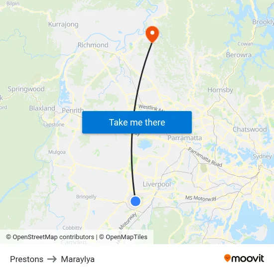 Prestons to Maraylya map