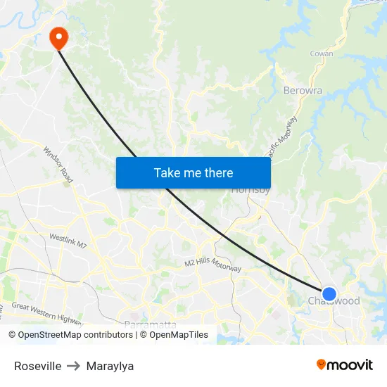 Roseville to Maraylya map