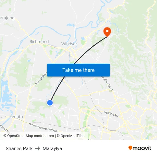 Shanes Park to Maraylya map