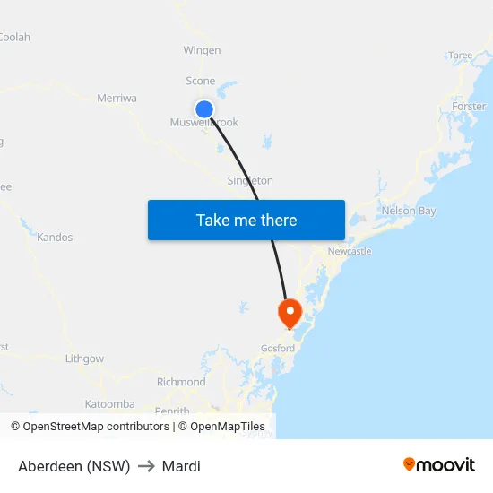 Aberdeen (NSW) to Mardi map