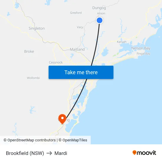 Brookfield (NSW) to Mardi map