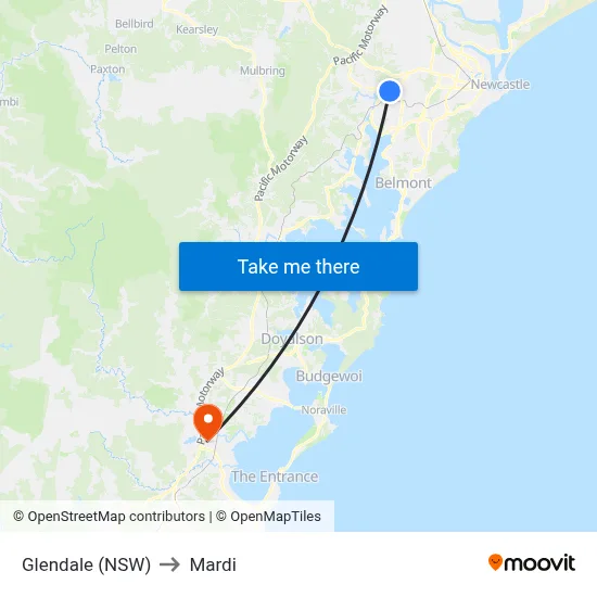 Glendale (NSW) to Mardi map
