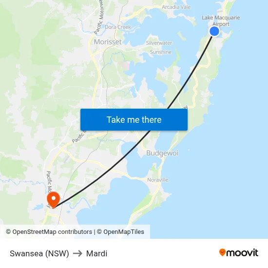 Swansea (NSW) to Mardi map