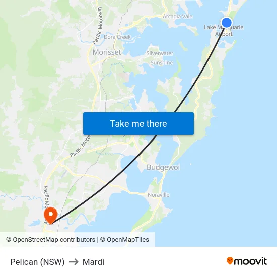 Pelican (NSW) to Mardi map