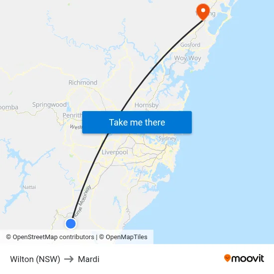 Wilton (NSW) to Mardi map
