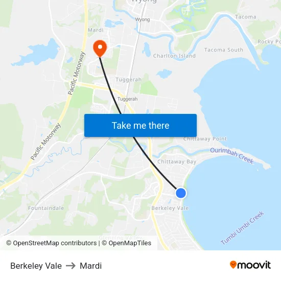 Berkeley Vale to Mardi map