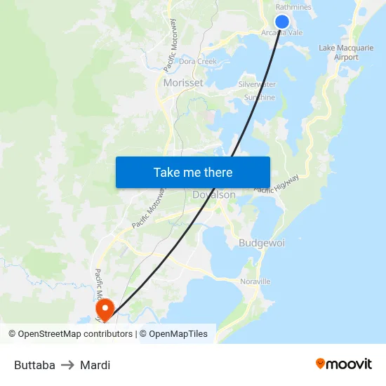 Buttaba to Mardi map
