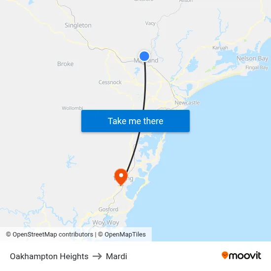Oakhampton Heights to Mardi map