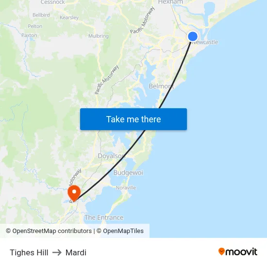 Tighes Hill to Mardi map