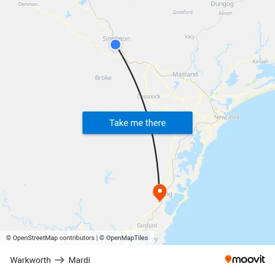 Warkworth to Mardi map
