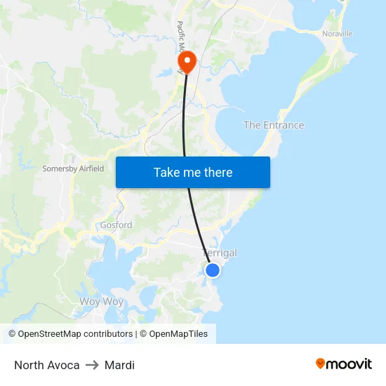 North Avoca to Mardi map