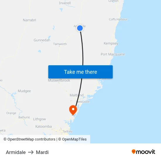 Armidale to Mardi map