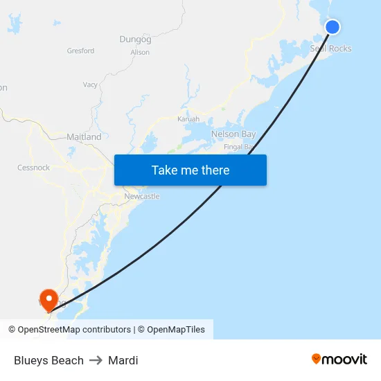 Blueys Beach to Mardi map