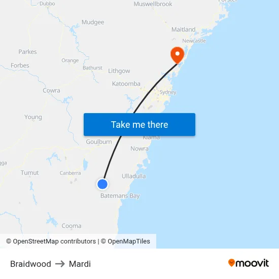 Braidwood to Mardi map