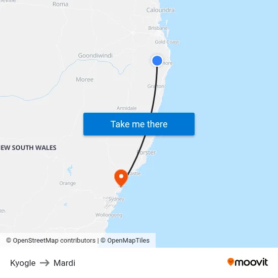 Kyogle to Mardi map