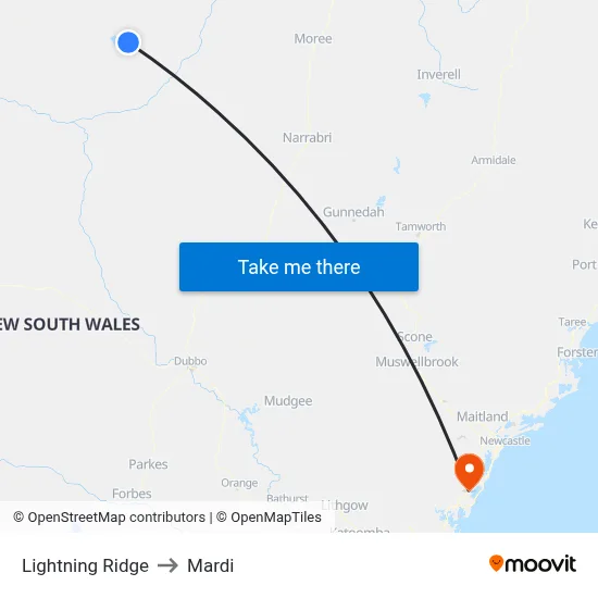 Lightning Ridge to Mardi map