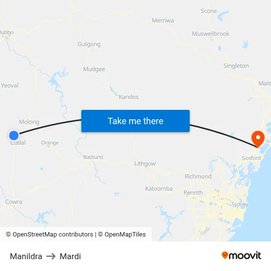 Manildra to Mardi map