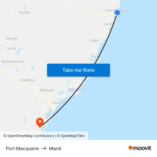 Port Macquarie to Mardi map
