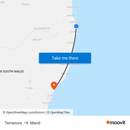 Terranora to Mardi map