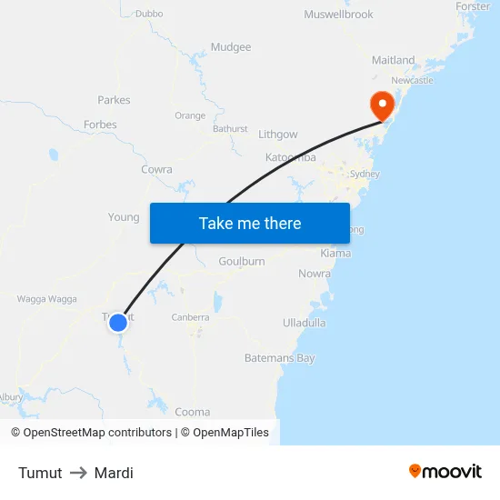 Tumut to Mardi map