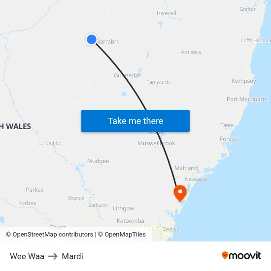Wee Waa to Mardi map